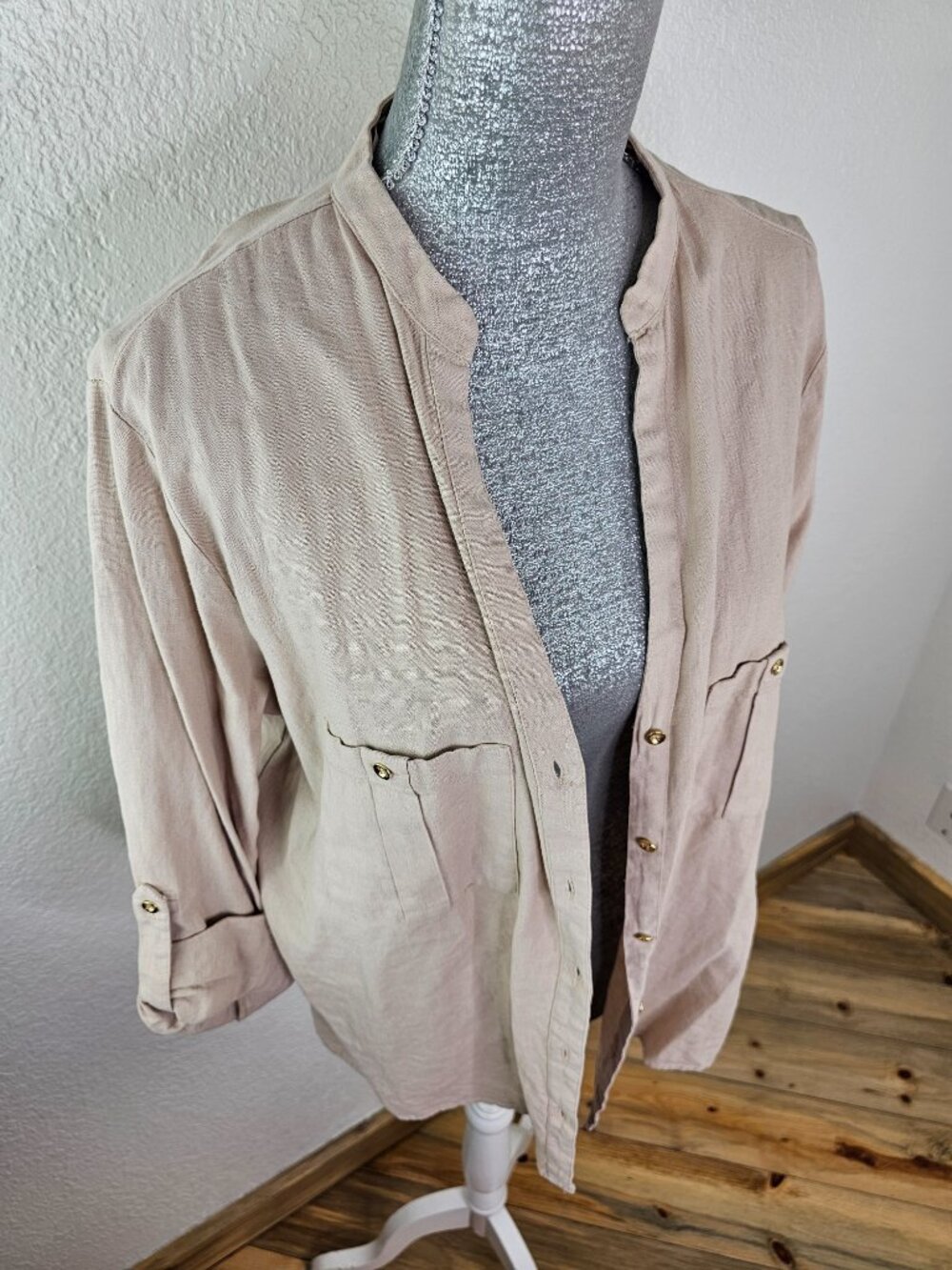 ZARA Linen Blend Roll Tab Sleeve Button Up Shirt Size XL